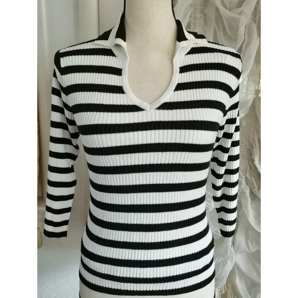 New women polo Tee Shirt Rib striped silk blend Junior Size Large Slim Look